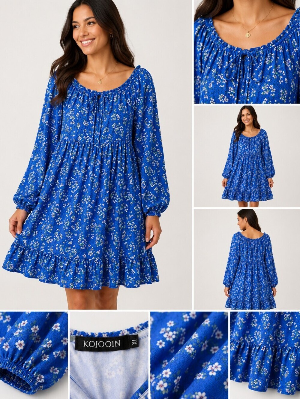 KOJOOIN Women's XL Blue Floral Off Shoulder Peasant Dress Long Sleeve Boho Mini